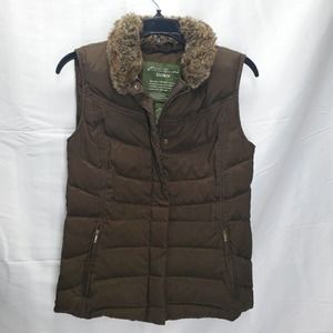 Eddie bauer goose down quilted vest full zip faux fur brown XS